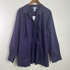 Liz & Me Womens 2X Button-Up Shirt V Neck Purple Pintucked Stretch Pleated NEW
